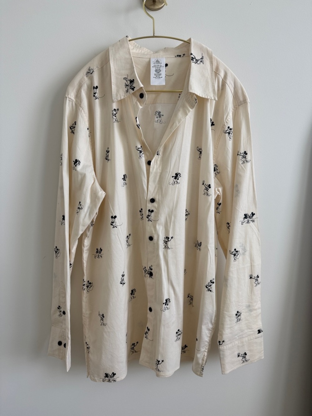 Cream Button-Up Shirt with Black Mickey and Minnie Print
